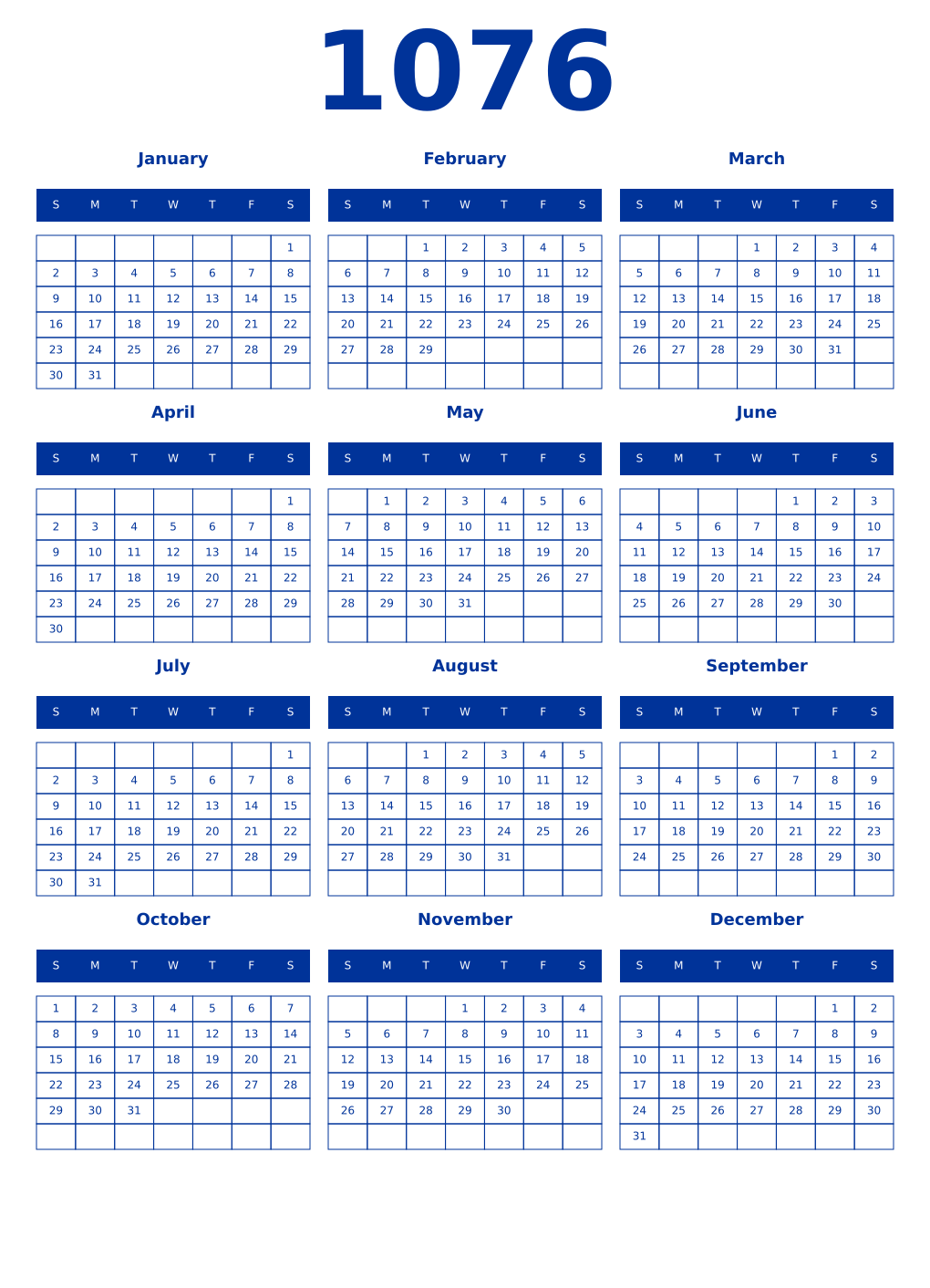 Printable 1076 Year Calendars smalt