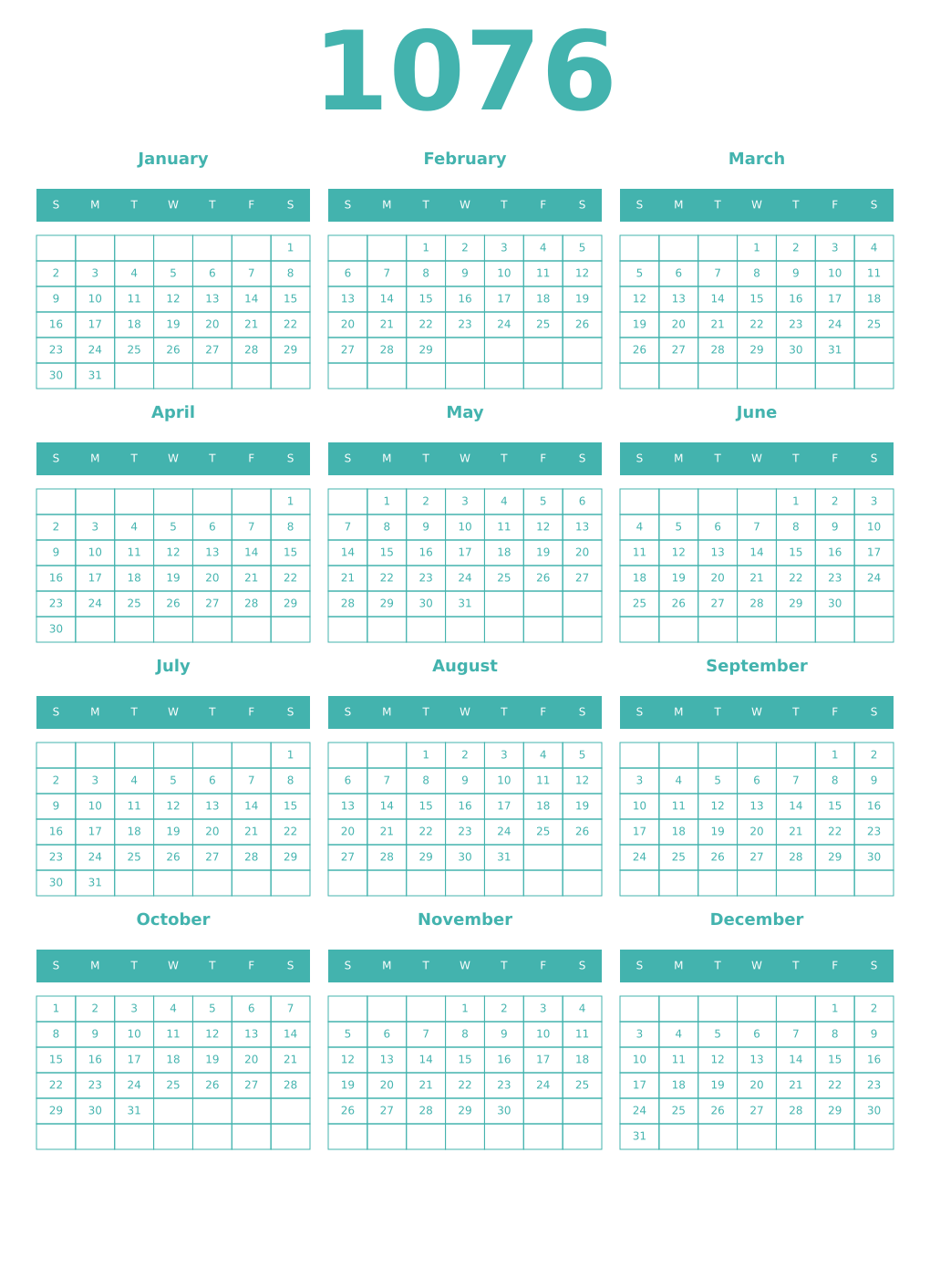 Printable 1076 Year Calendars verdigris
