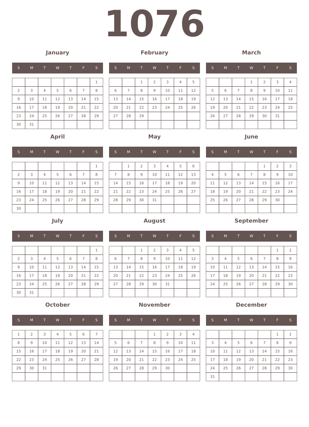 Printable 1076 Year Calendars wenge