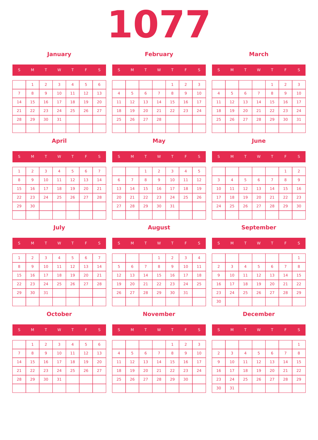 Printable 1077 Year Calendars amaranth