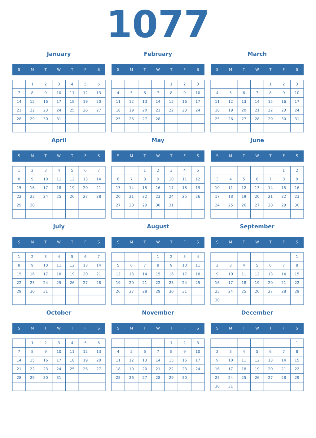 Printable 1077 Year Calendars blue