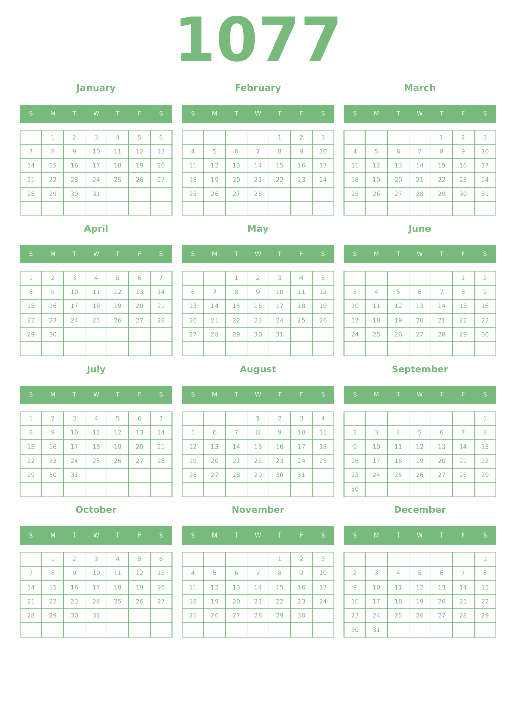 Printable 1077 Year Calendars celadon