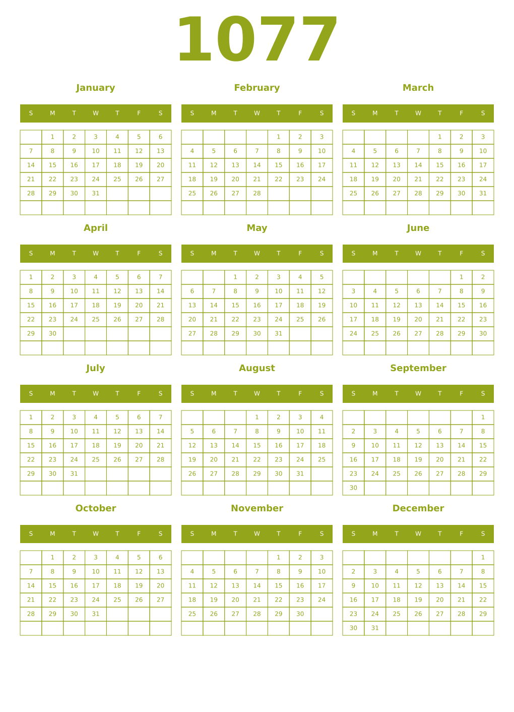 Printable 1077 Year Calendars chartreuse