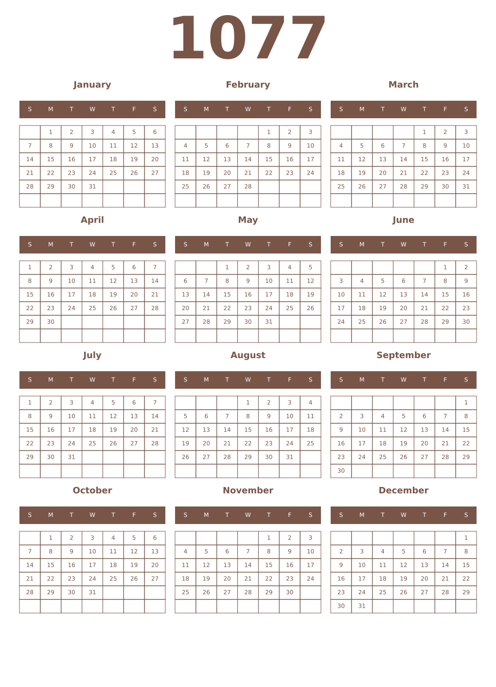 Printable 1077 Year Calendars coffe