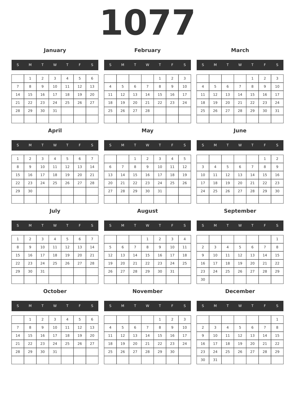 Printable 1077 Year Calendars dark