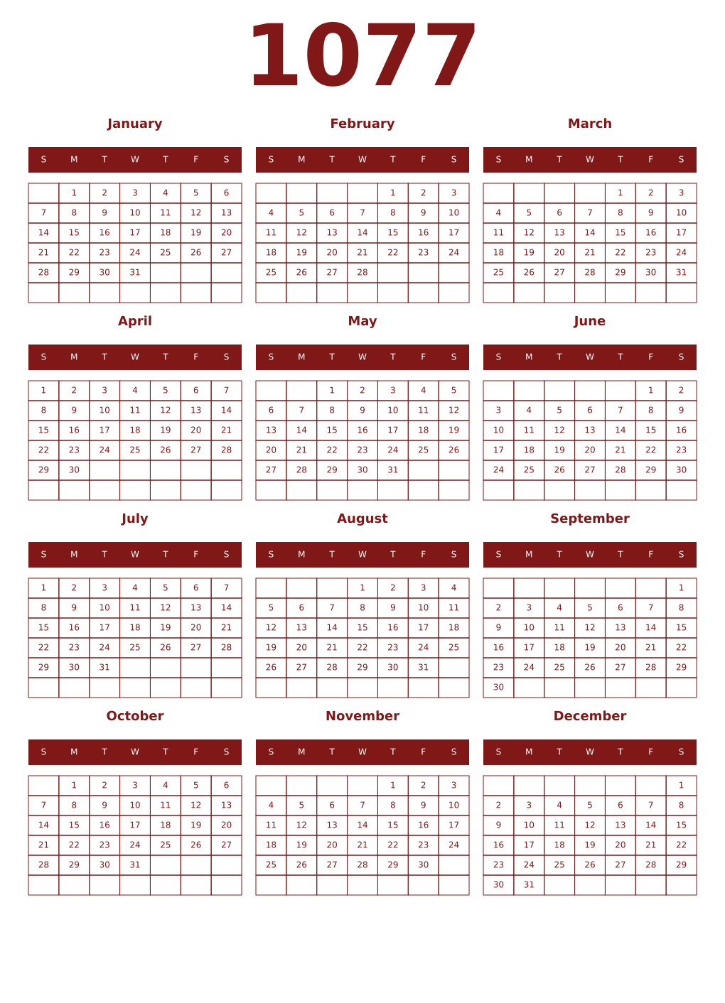 Printable 1077 Year Calendars falu