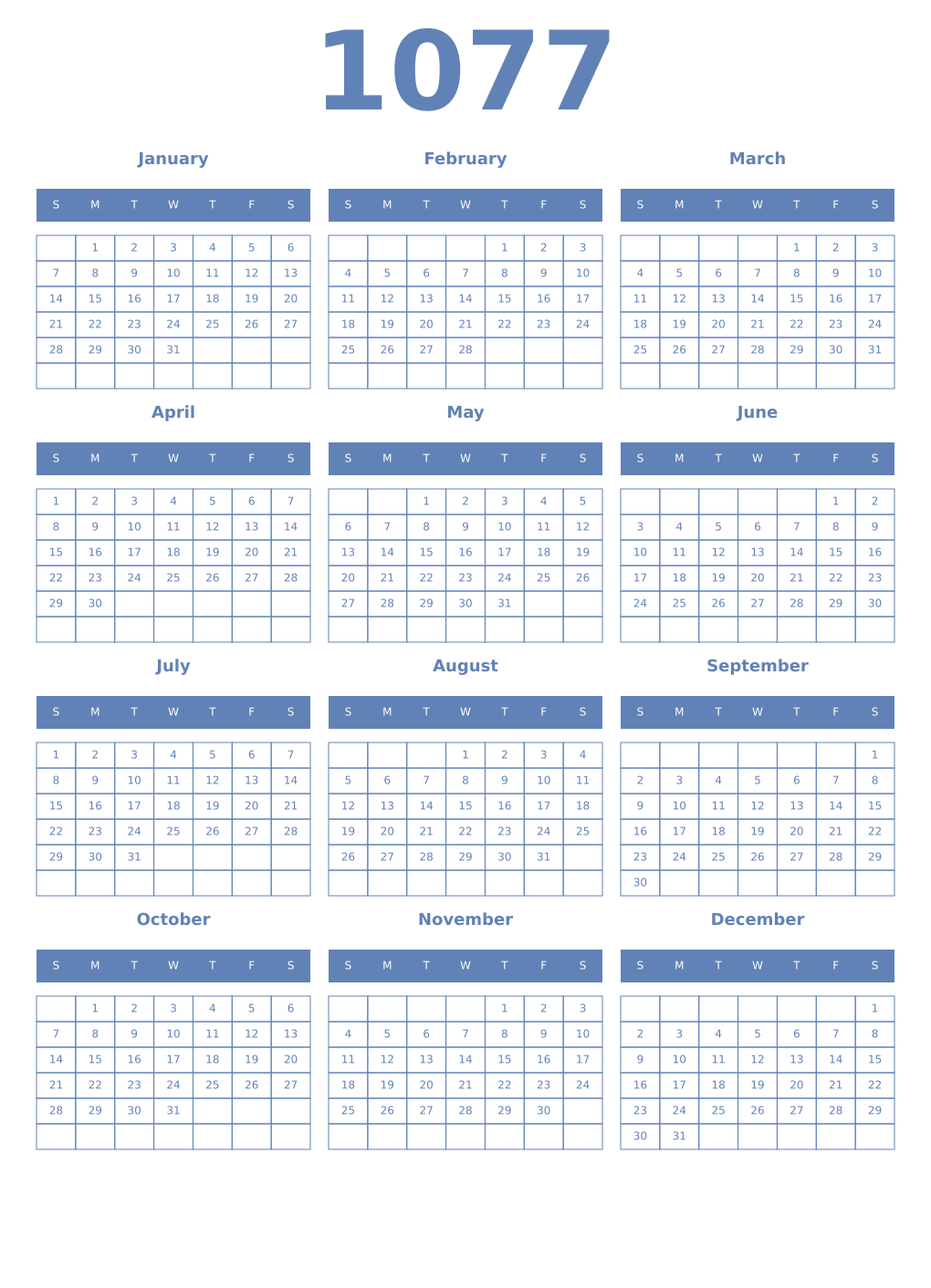 Printable 1077 Year Calendars glaucous