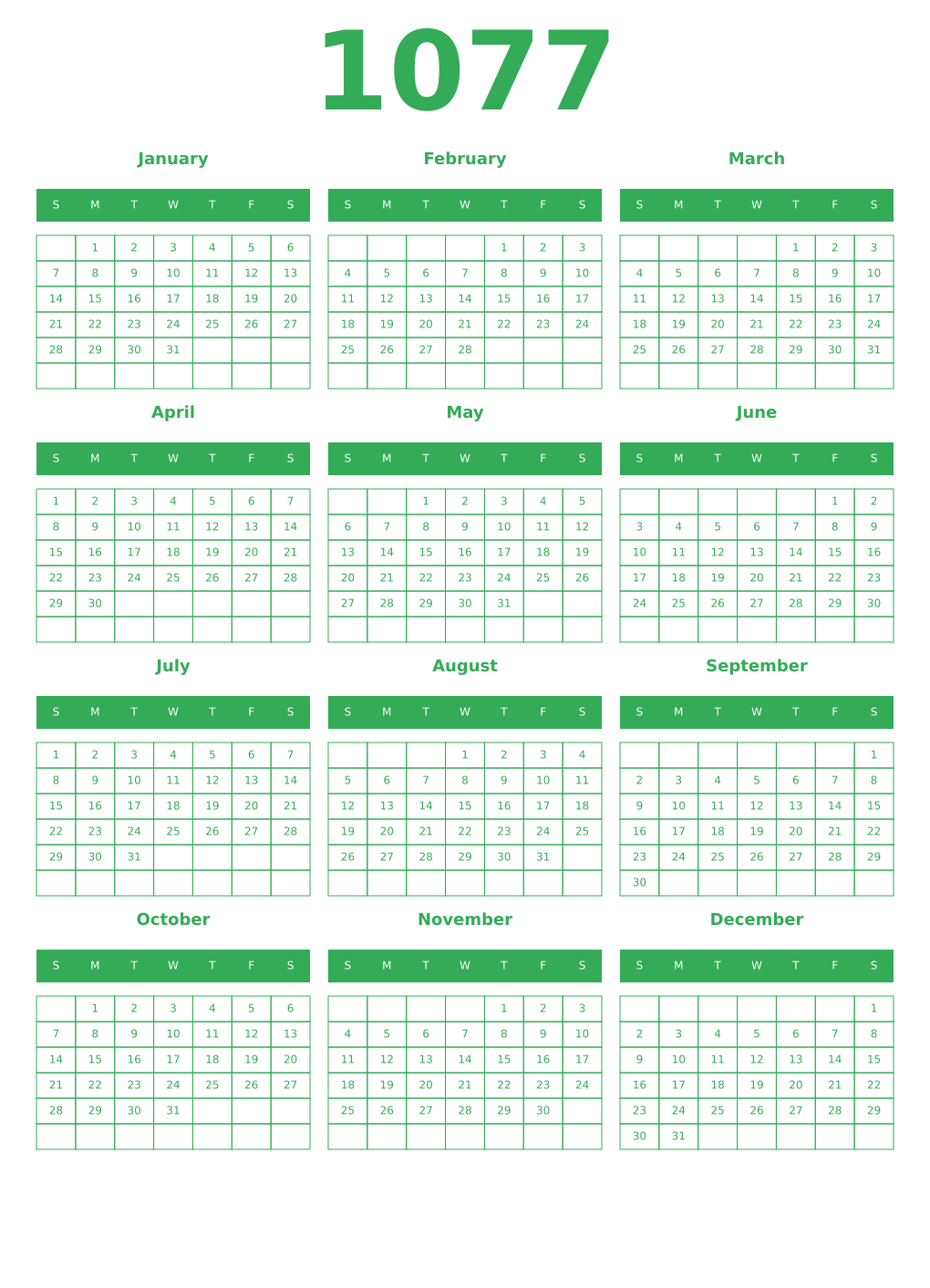 Printable 1077 Year Calendars green