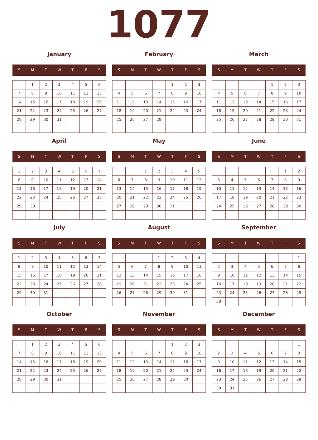 Printable 1077 Year Calendars mortuum