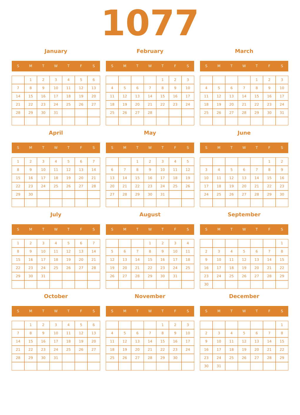 Printable 1077 Year Calendars orange