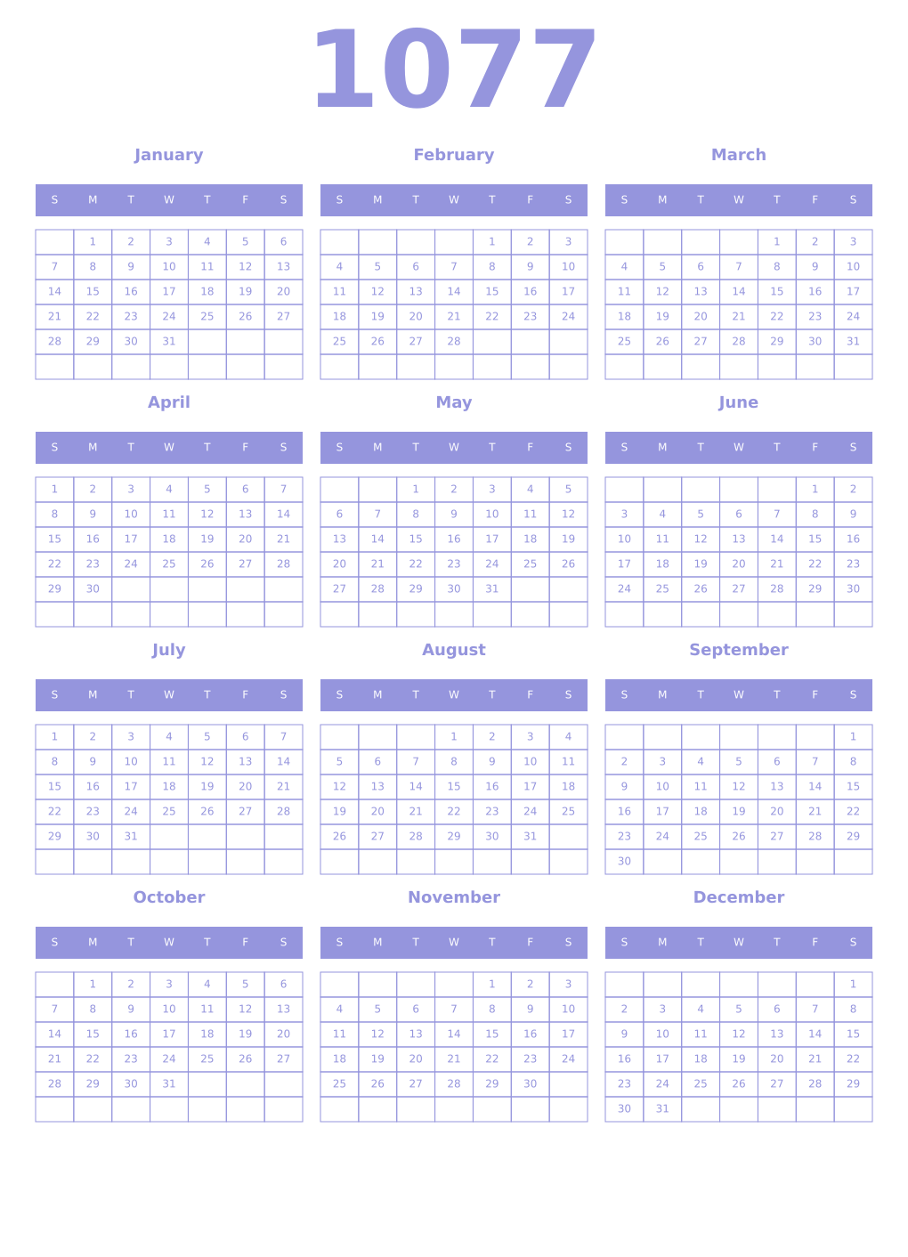 Printable 1077 Year Calendars periwinkle