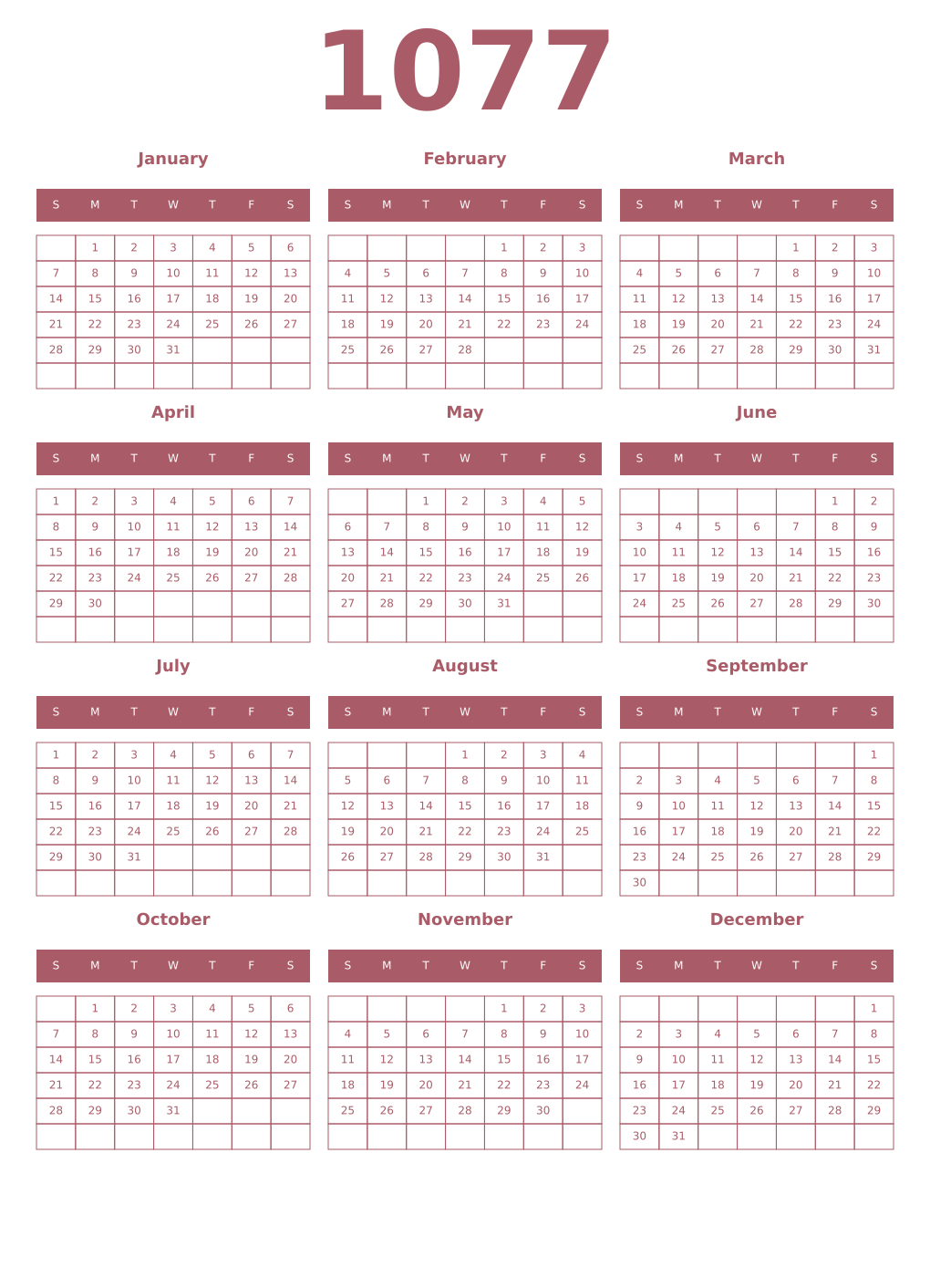 Printable 1077 Year Calendars puce