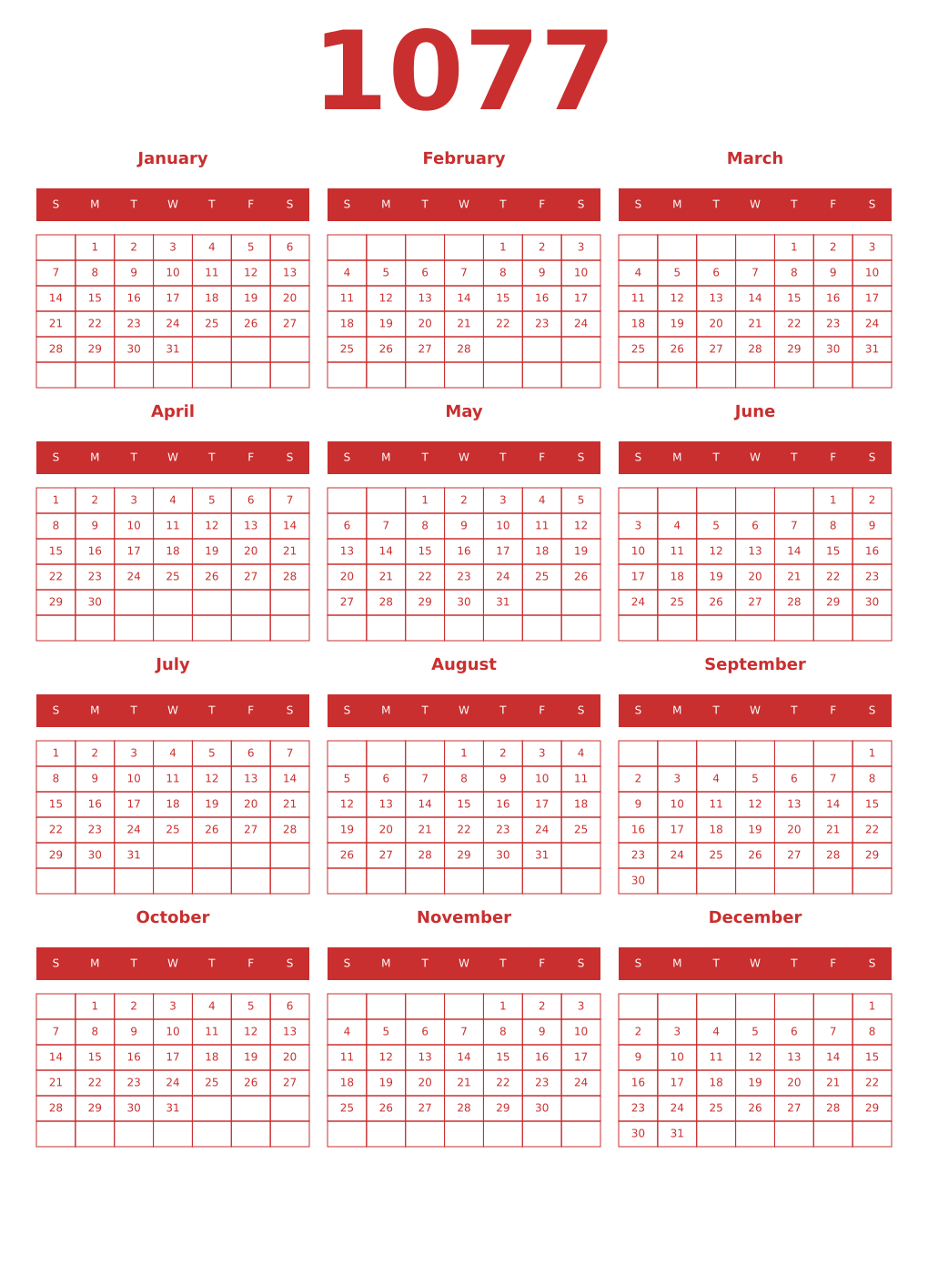 Printable 1077 Year Calendars red