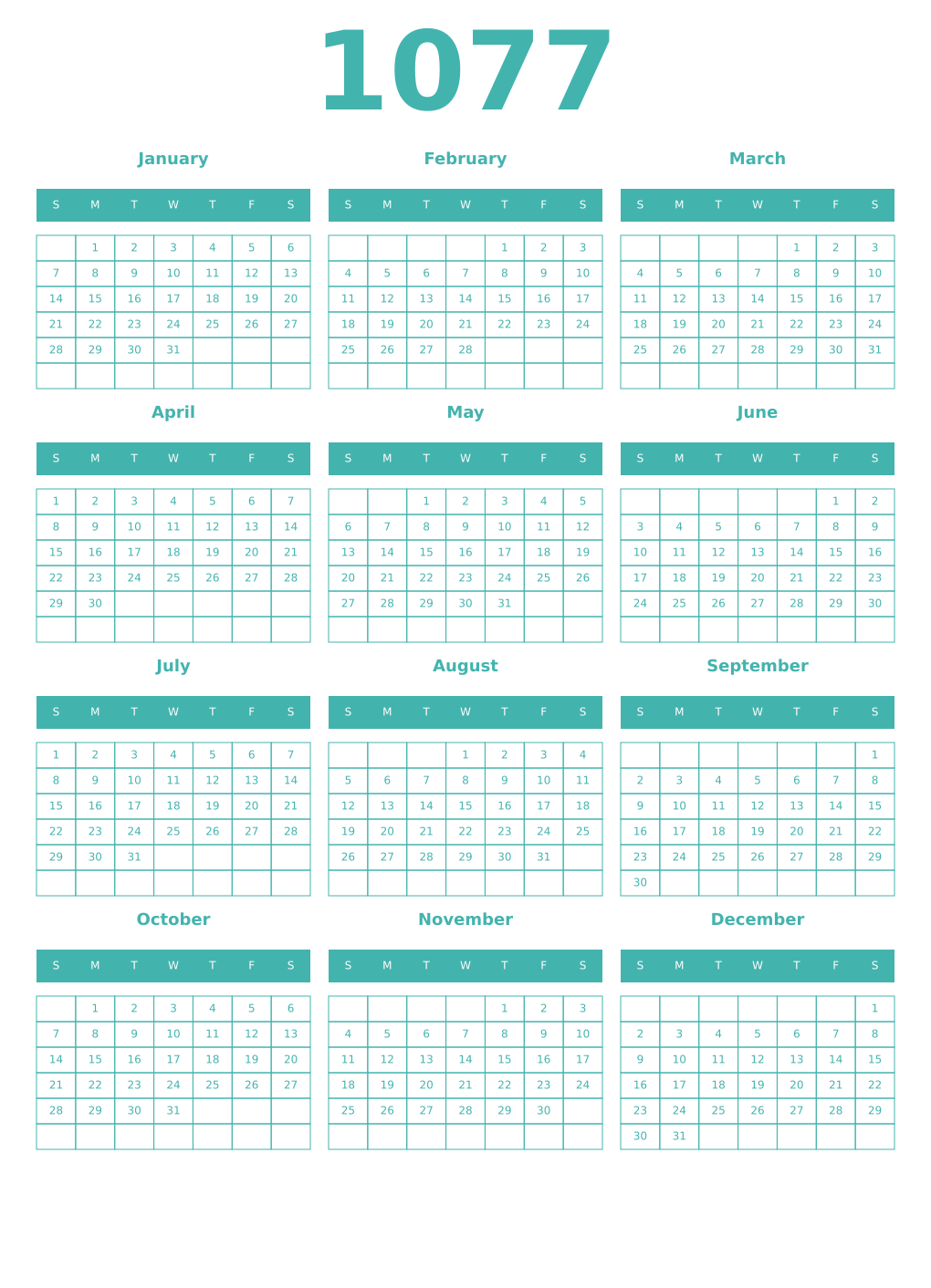Printable 1077 Year Calendars verdigris