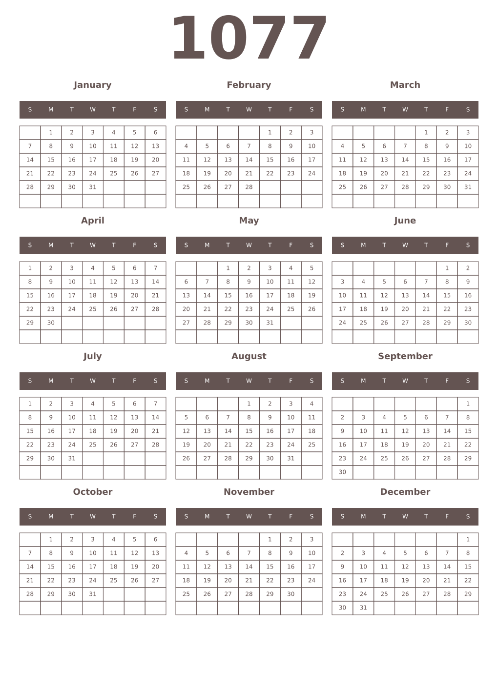 Printable 1077 Year Calendars wenge