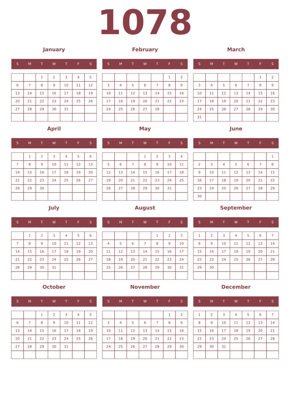 Printable 1078 Year Calendars cordovan
