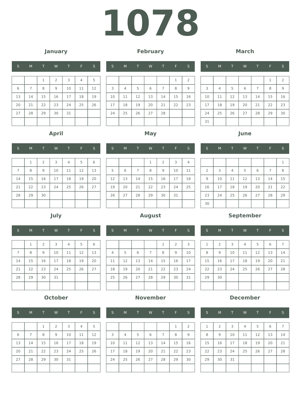 Printable 1078 Year Calendars feldgrau