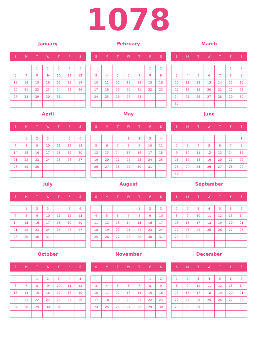 Printable 1078 Year Calendars pink