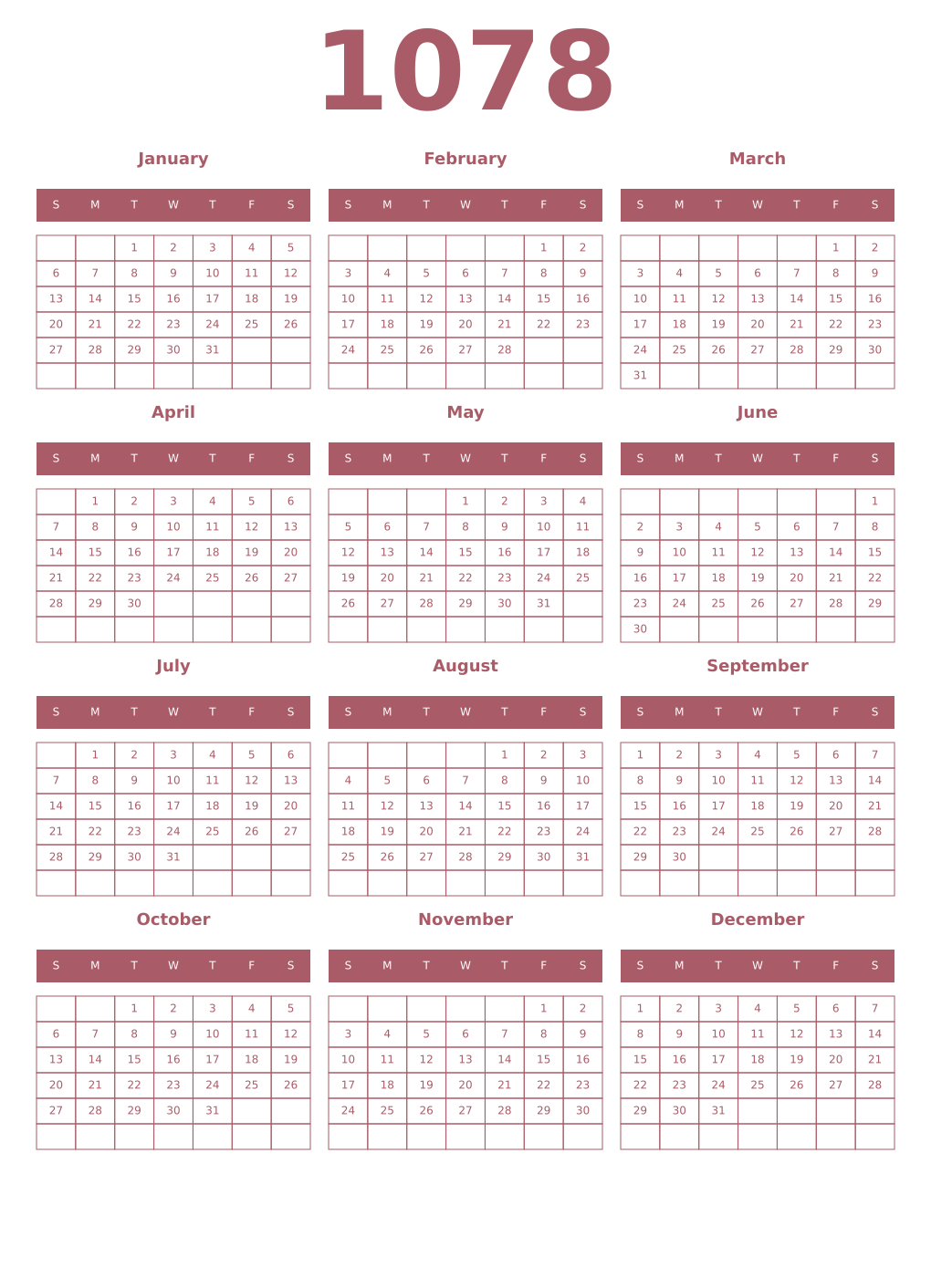 Printable 1078 Year Calendars puce