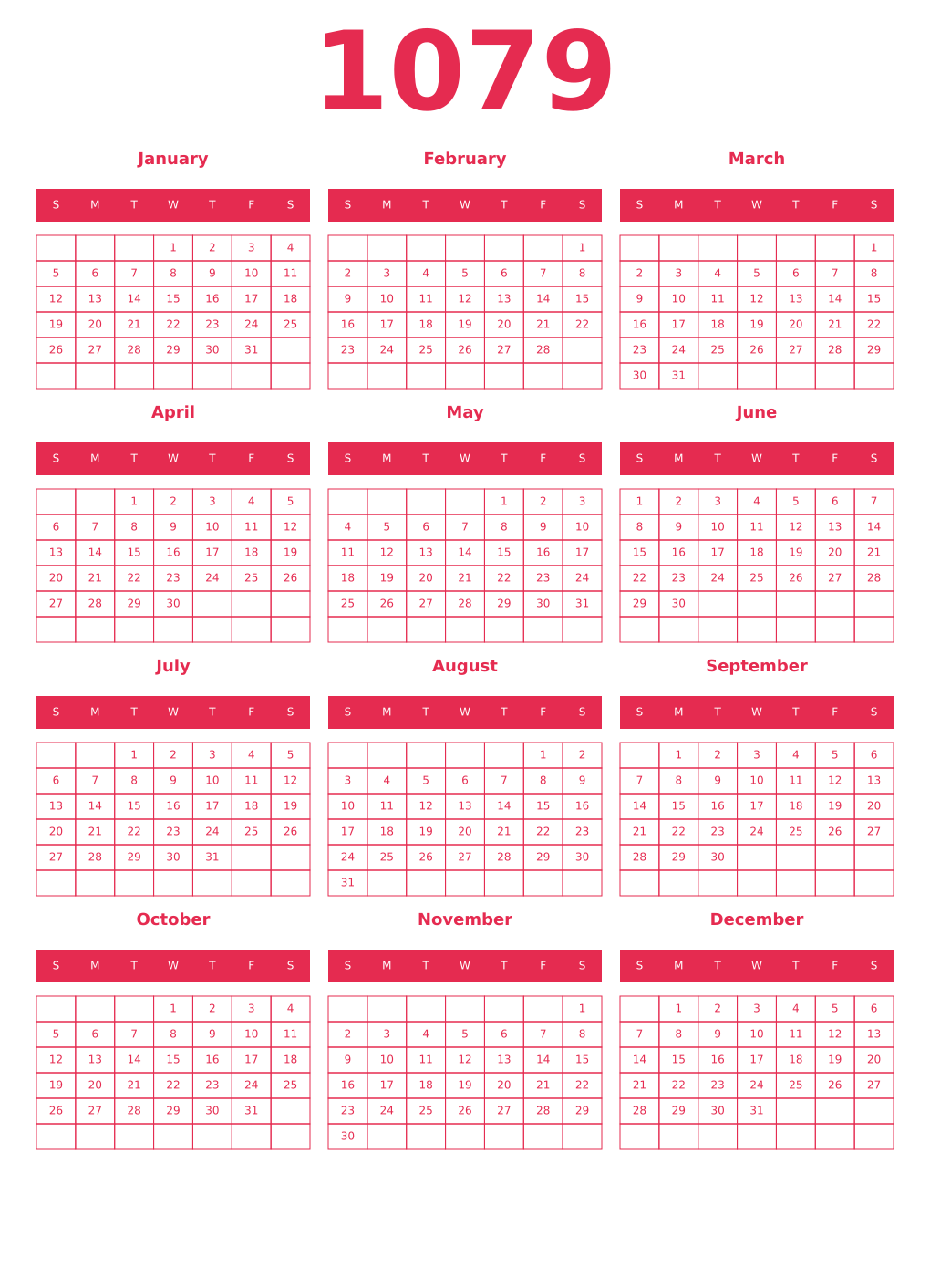 Printable 1079 Year Calendars amaranth