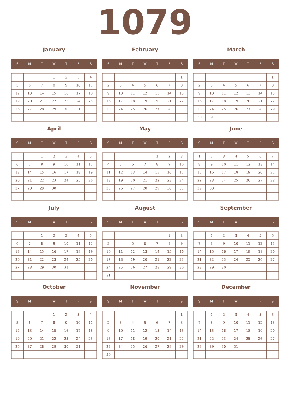 Printable 1079 Year Calendars coffe