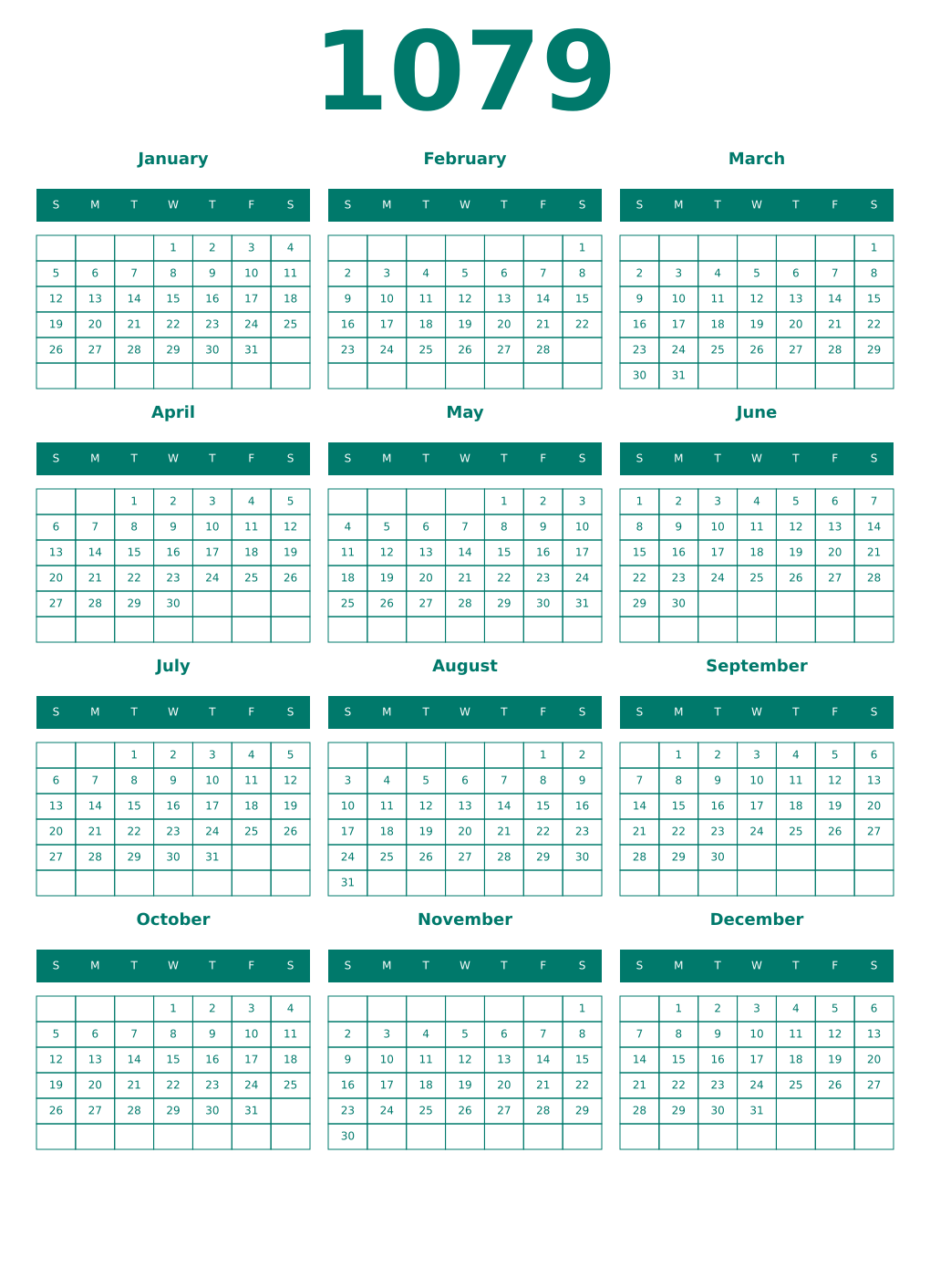 Printable 1079 Year Calendars pastel