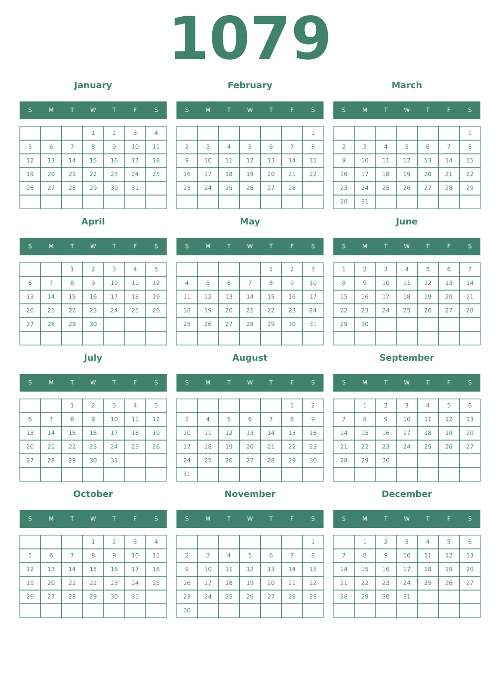 Printable 1079 Year Calendars viridian