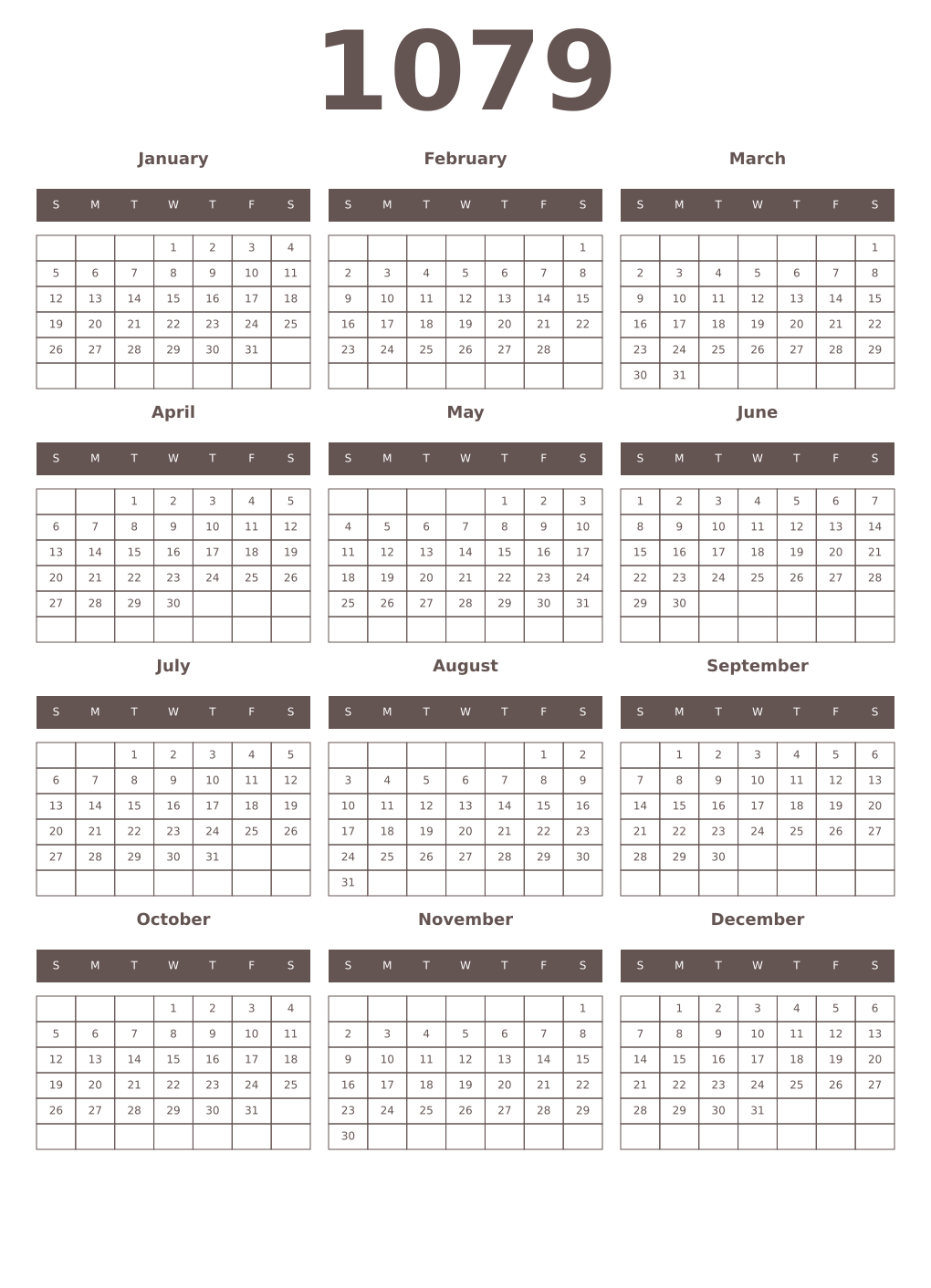 Printable 1079 Year Calendars wenge