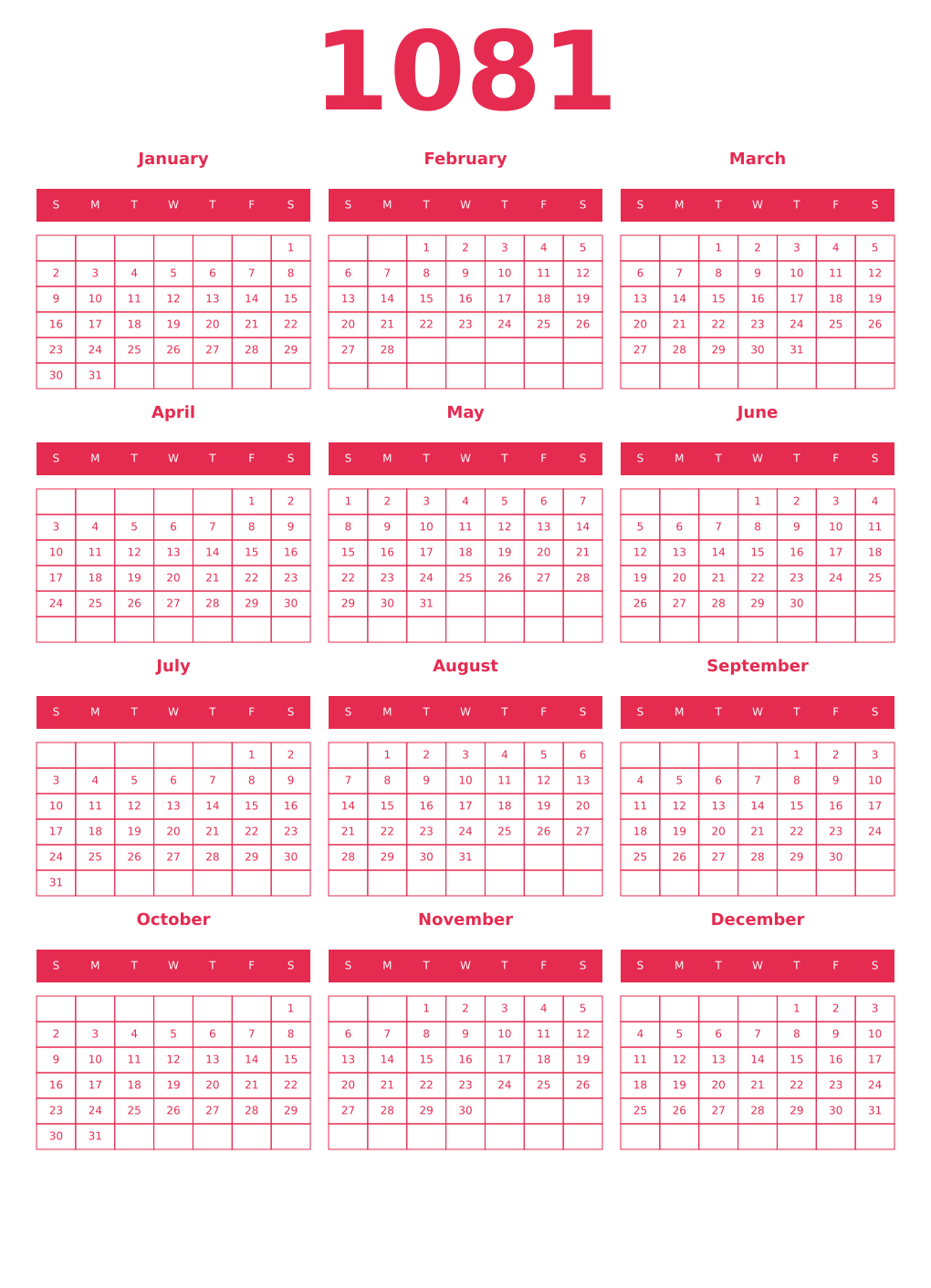 Printable 1081 Year Calendars amaranth