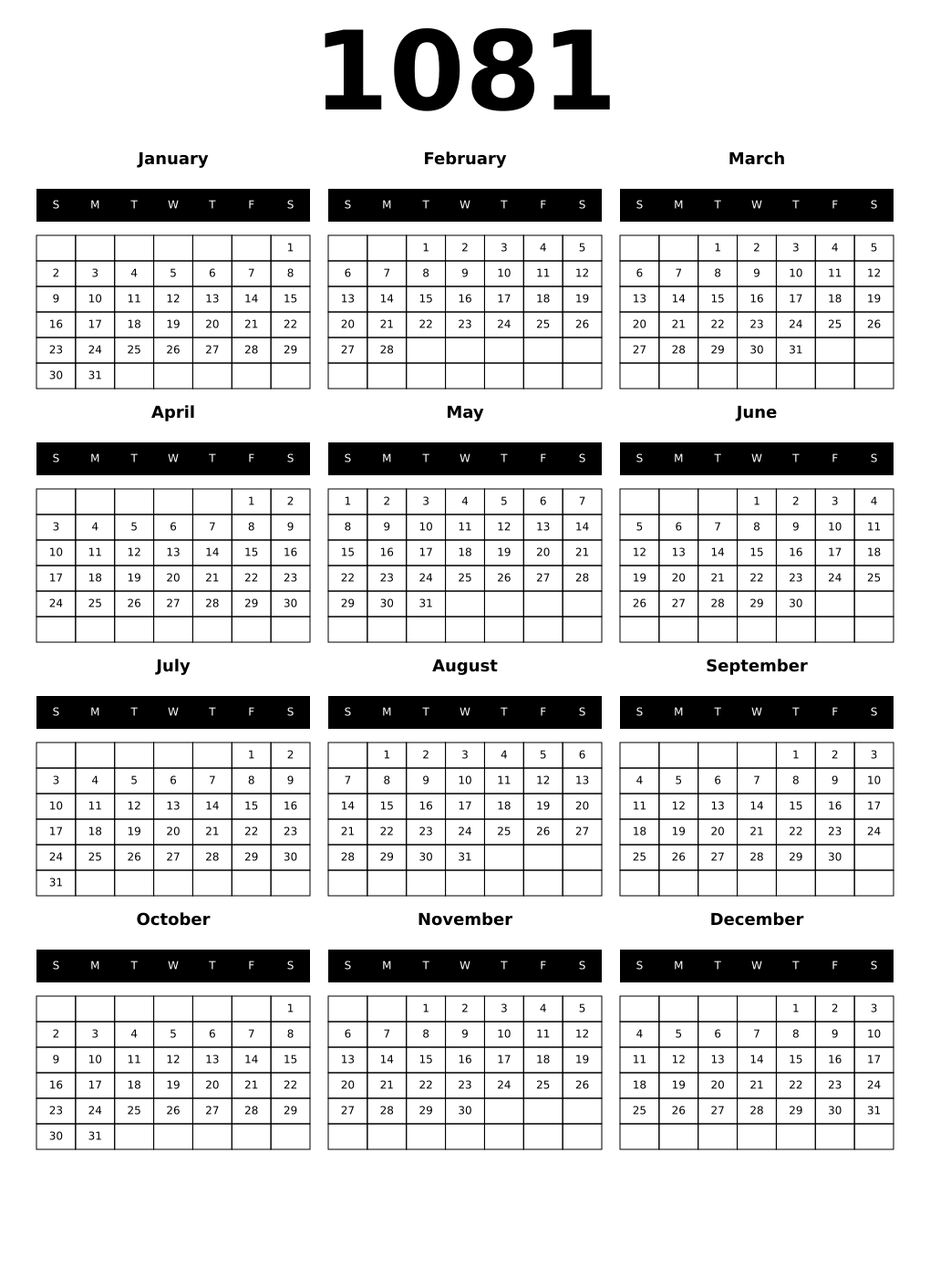 Printable 1081 Year Calendars black