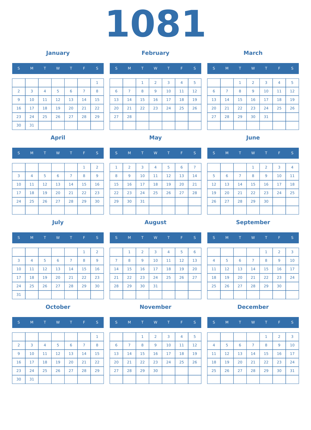 Printable 1081 Year Calendars blue