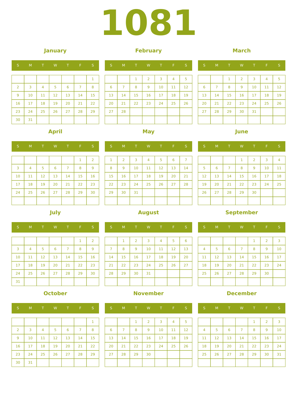 Printable 1081 Year Calendars chartreuse