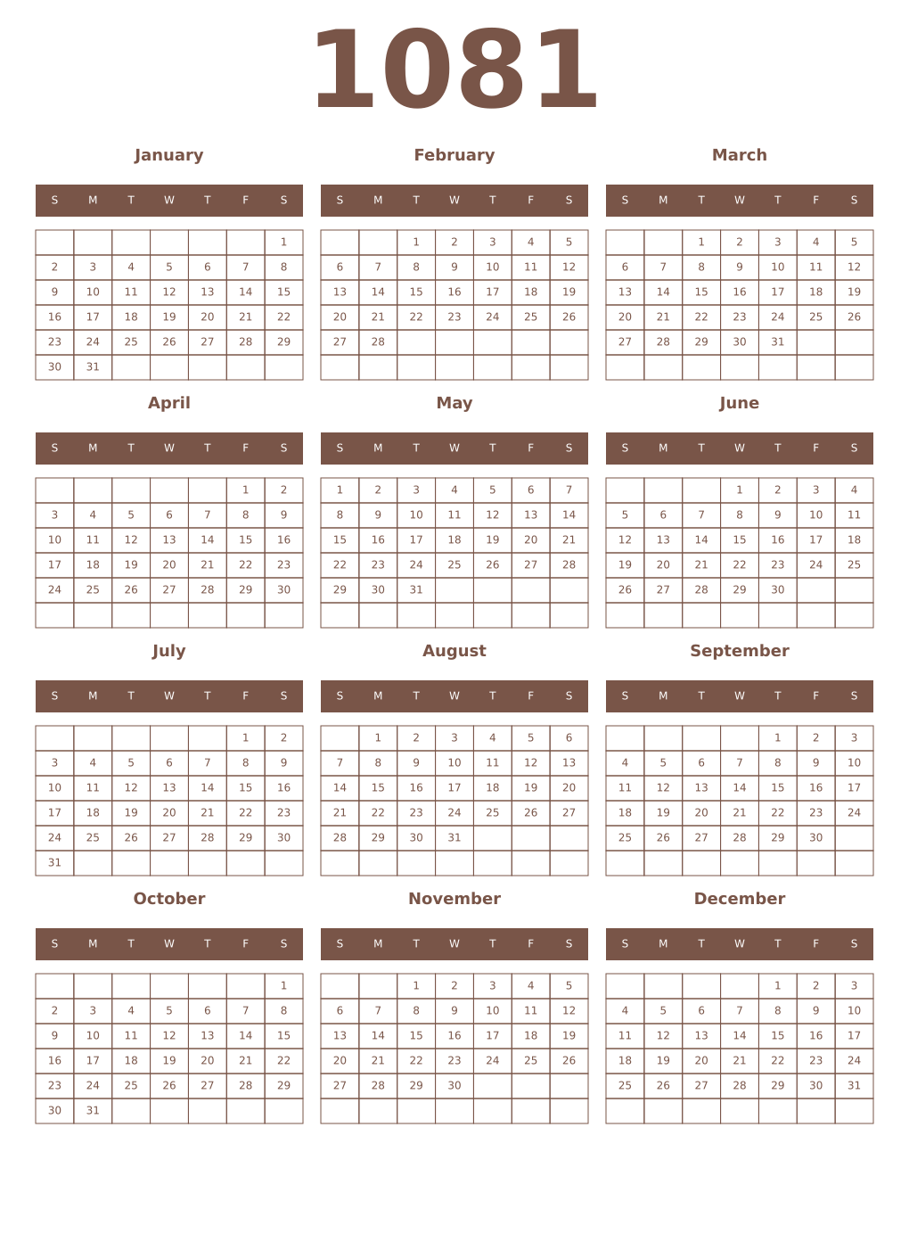 Printable 1081 Year Calendars coffe