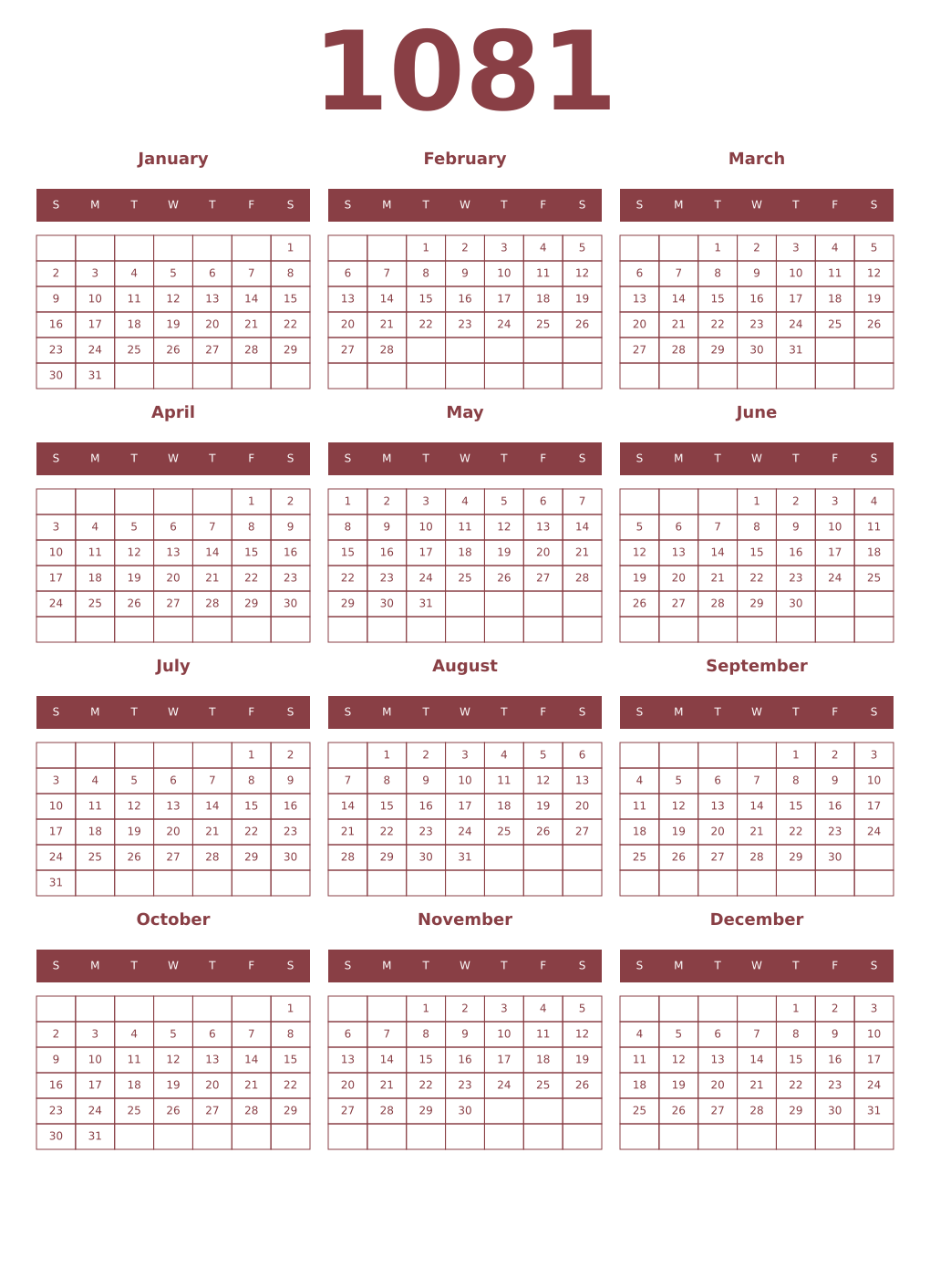 Printable 1081 Year Calendars cordovan
