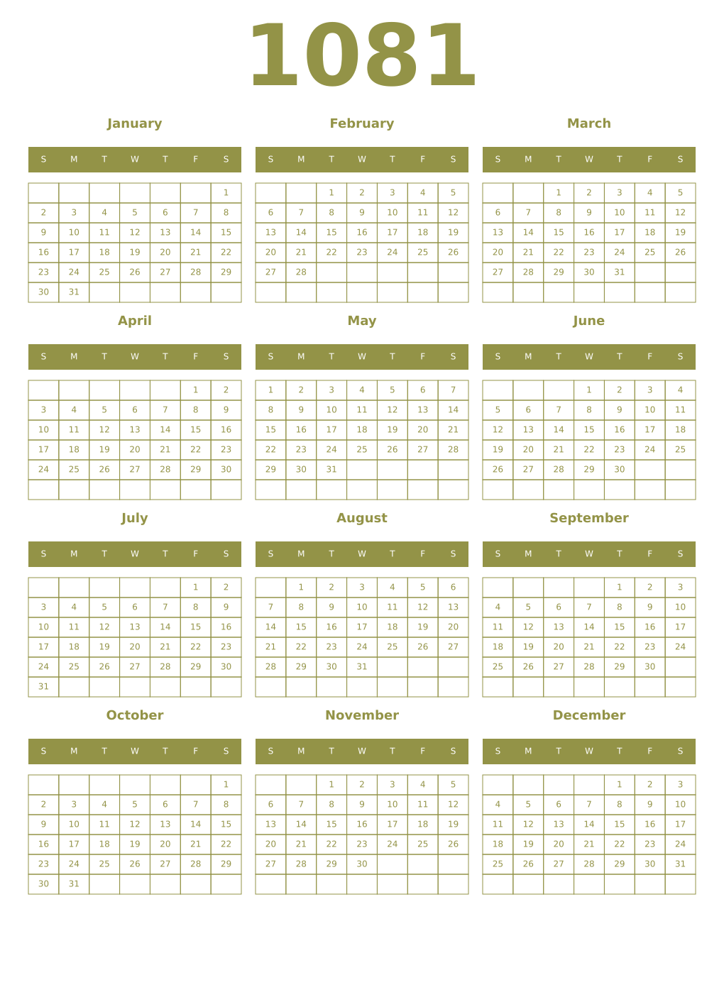 Printable 1081 Year Calendars eburnean