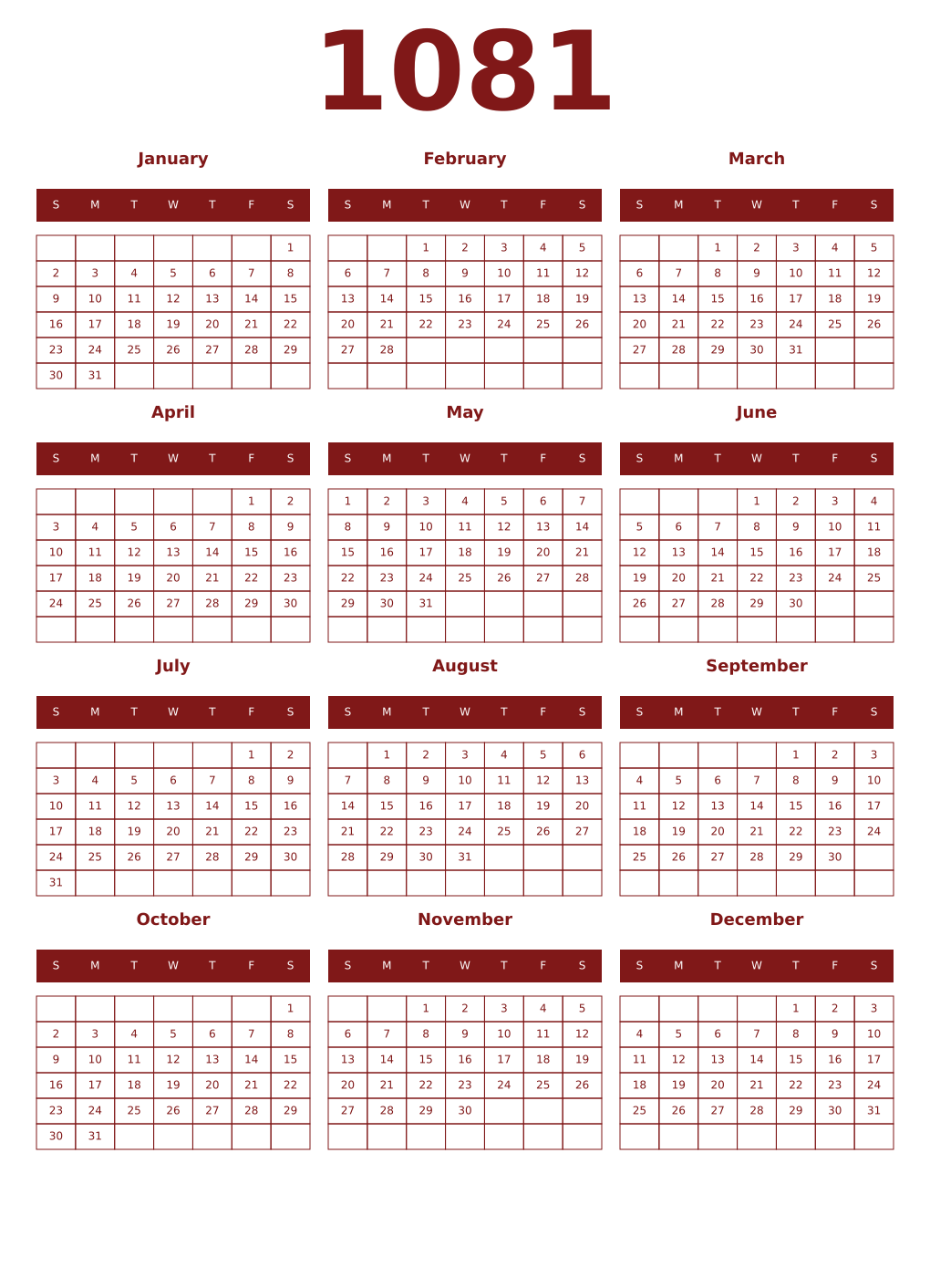 Printable 1081 Year Calendars falu