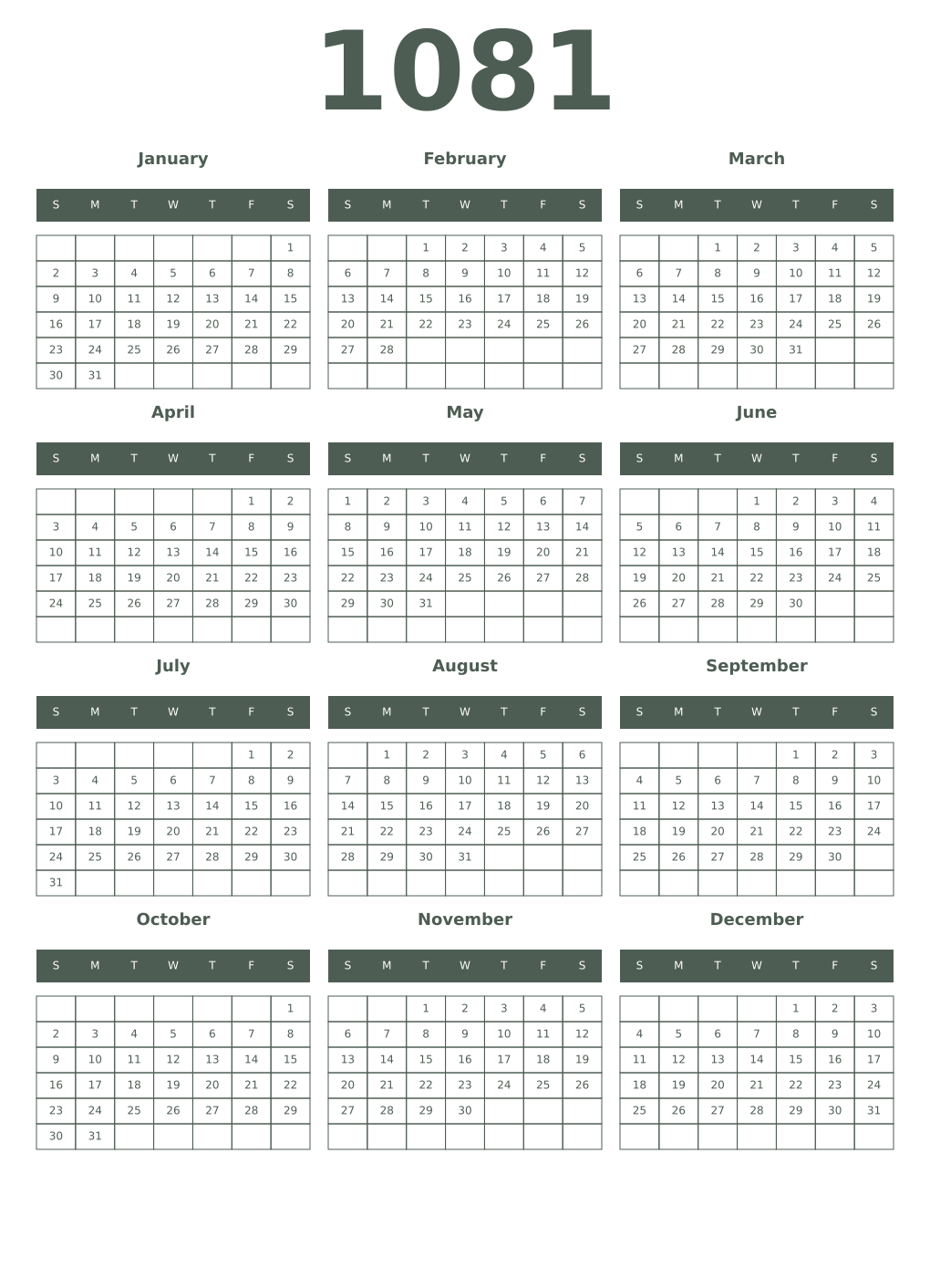 Printable 1081 Year Calendars feldgrau