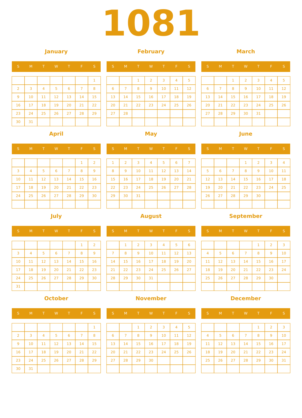 Printable 1081 Year Calendars gamboge