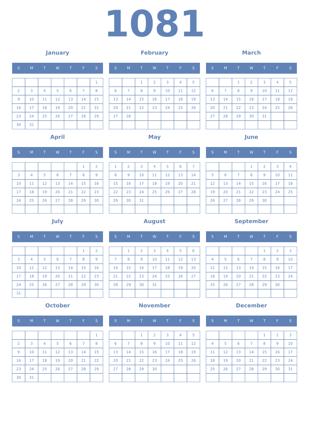 Printable 1081 Year Calendars glaucous