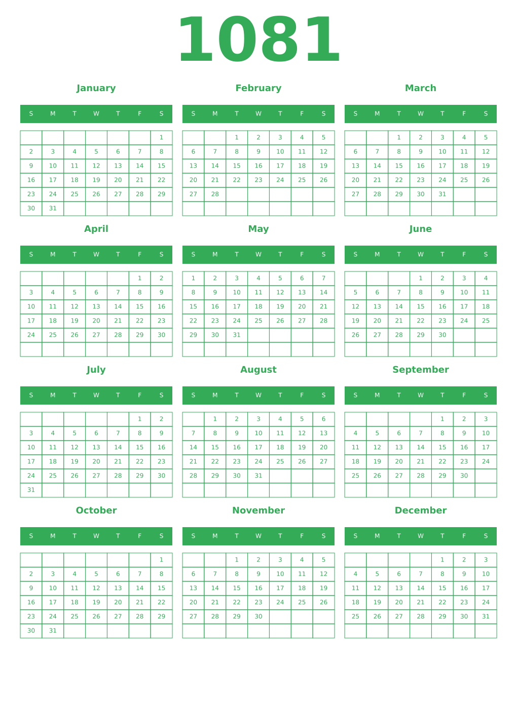 Printable 1081 Year Calendars green