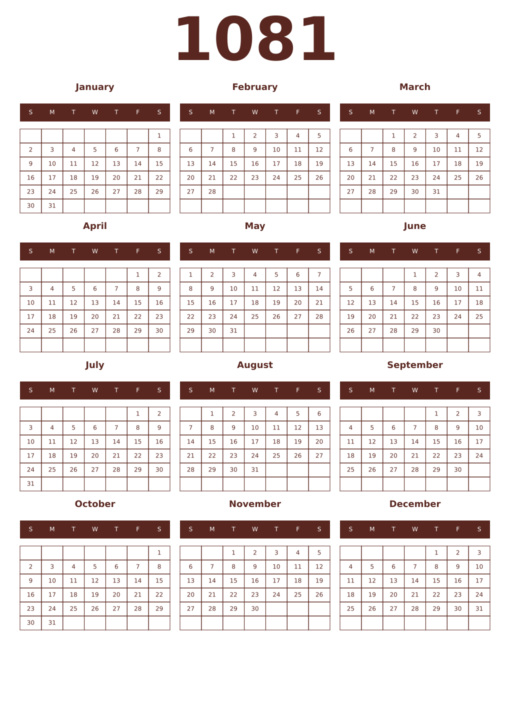 Printable 1081 Year Calendars mortuum