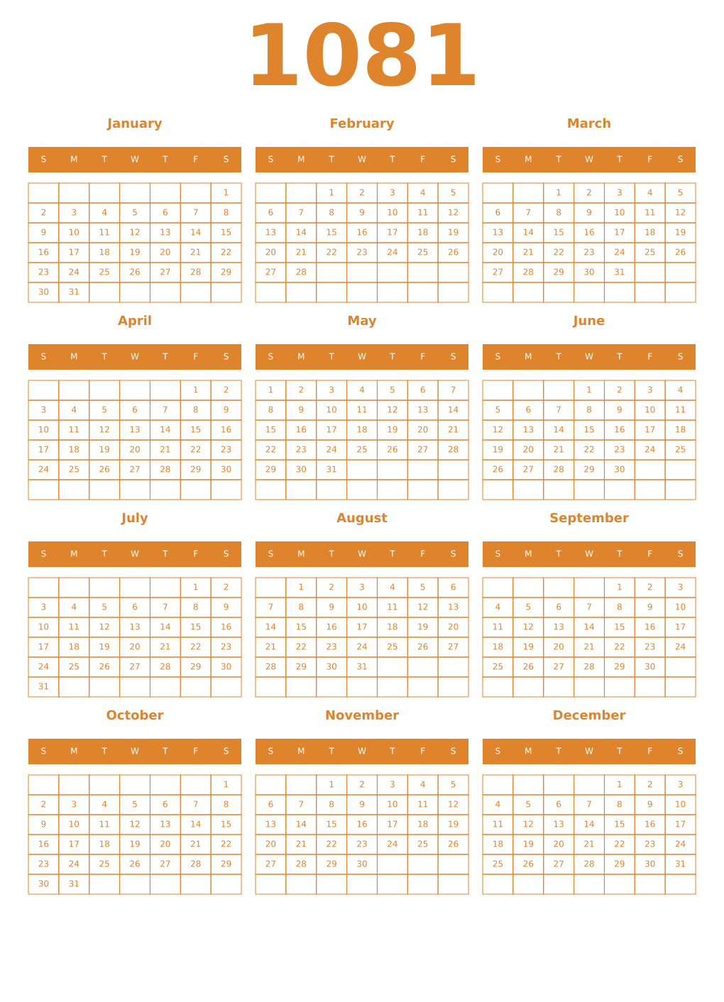 Printable 1081 Year Calendars orange