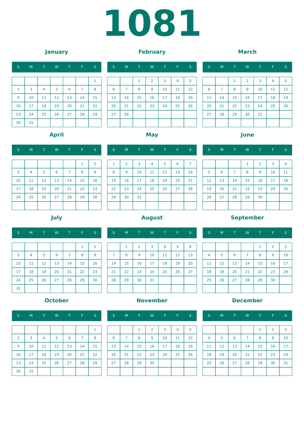 Printable 1081 Year Calendars pastel