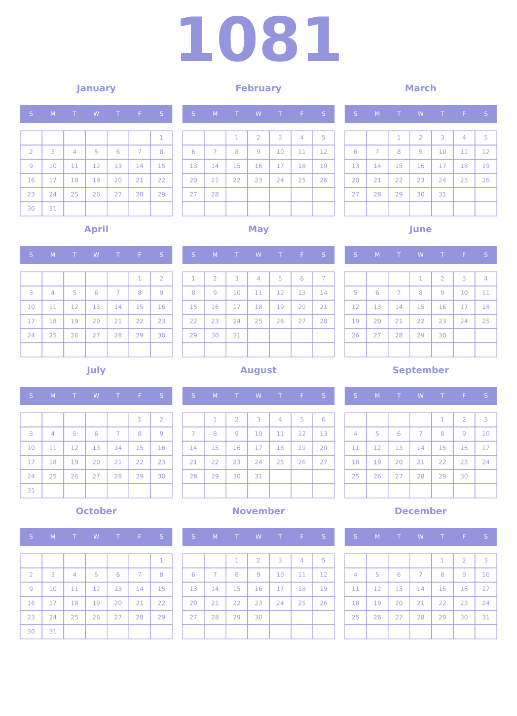 Printable 1081 Year Calendars periwinkle