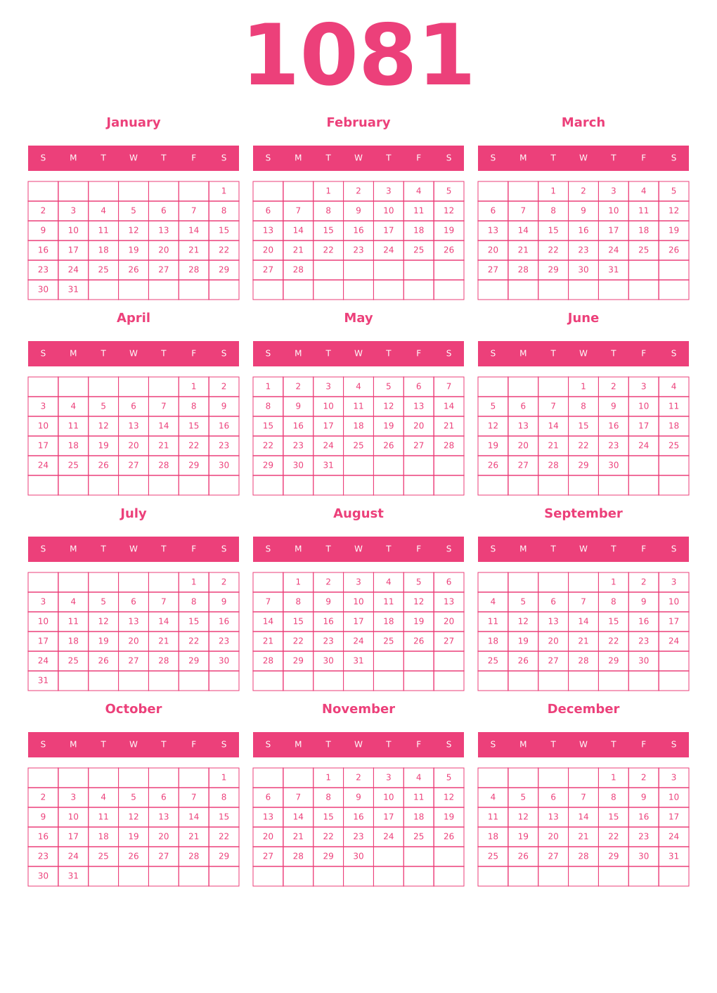 Printable 1081 Year Calendars pink