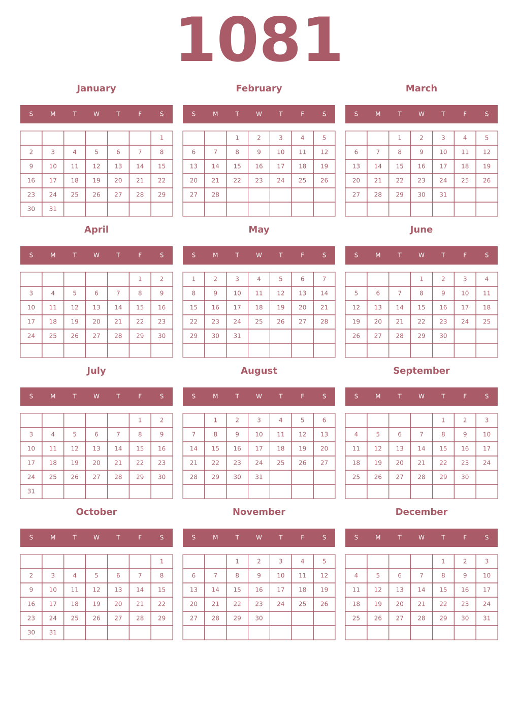 Printable 1081 Year Calendars puce