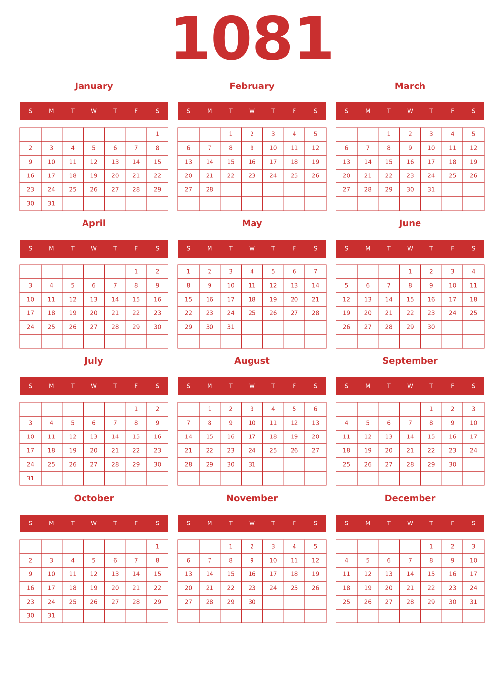 Printable 1081 Year Calendars red