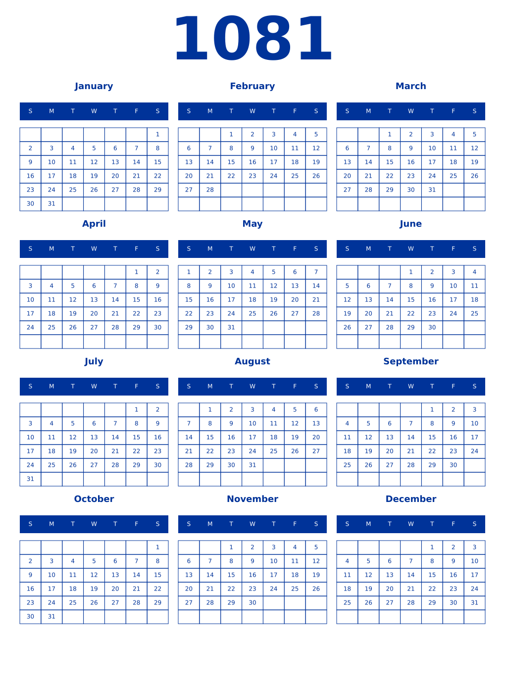 Printable 1081 Year Calendars smalt