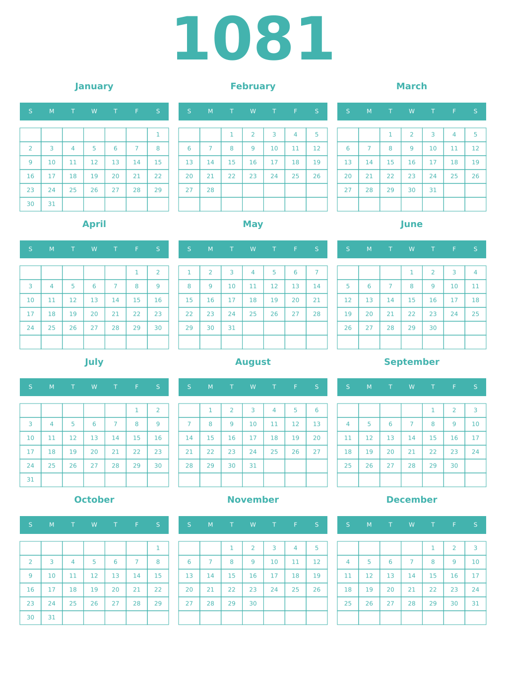 Printable 1081 Year Calendars verdigris