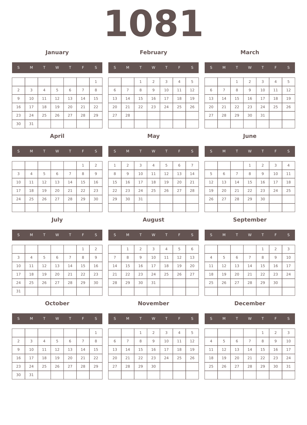 Printable 1081 Year Calendars wenge